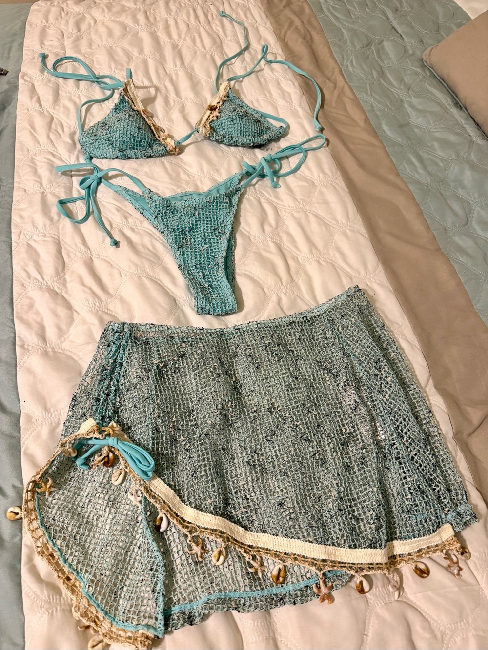 SHEIN Turquoise Crochet Bikini Set with Shell-Trim Skirt